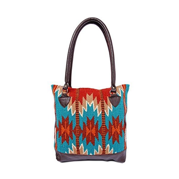 Genuine Leather Large Eco Friendly Tote Bag, Native American Styles on Hand-Woven Wool (Sky Dancer 2