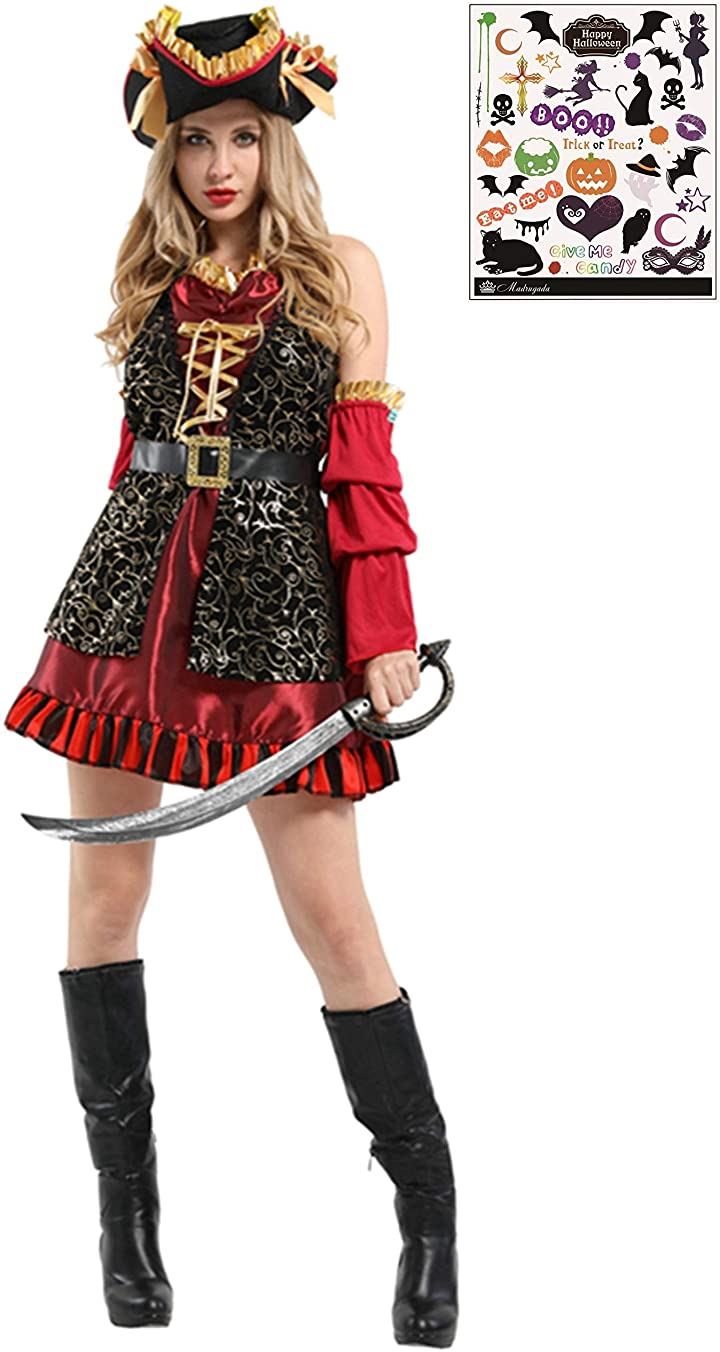 女海賊 パイレーツ ガール ドレス フリル コスプレ コスチューム ハロウィン タトゥーシール付き 2点セット レディース S736(赤黒, Mサイズ)
