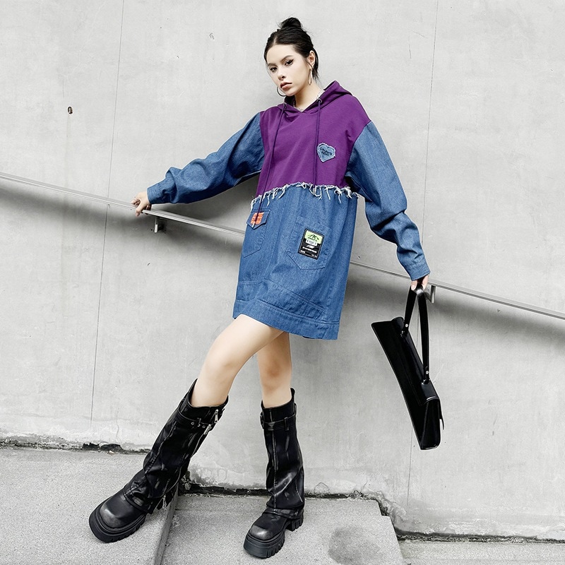 【J.Fashion】 デニムパーカー ワンピース おしゃれ 個性的なデザイン フード付き ドッキング レディース アウター メガ割