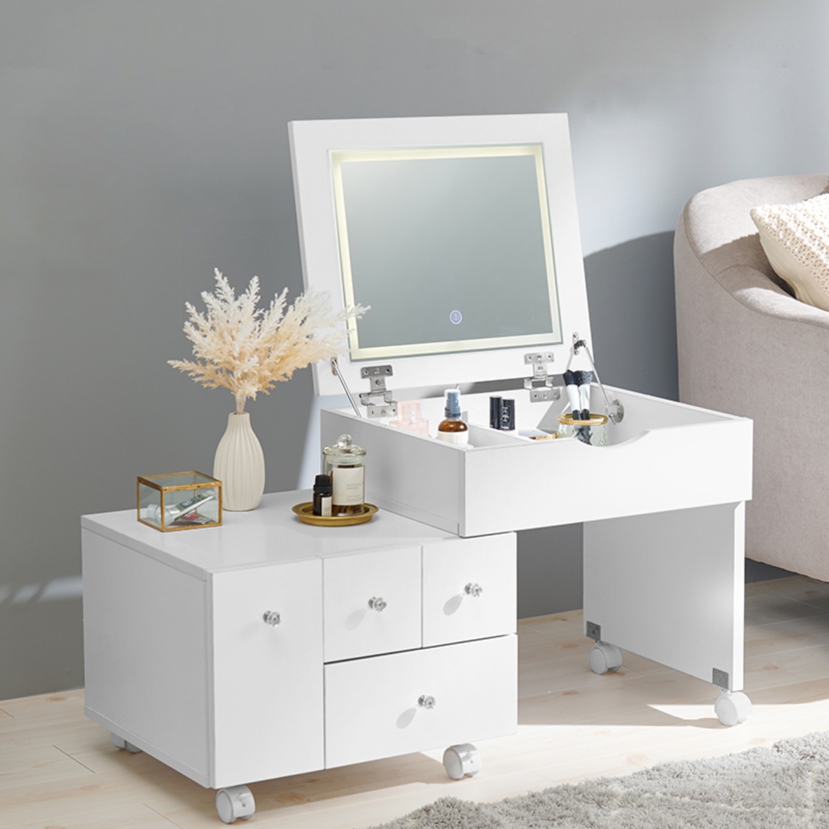 ドレッサー ワゴン 幅48ー86cm 伸縮式 ライト付き 鏡台 化粧台 LEDライト ロータイプ テーブル デスク 完成品 大容量 収納 白 ホワイト キャスター付き おしゃれ