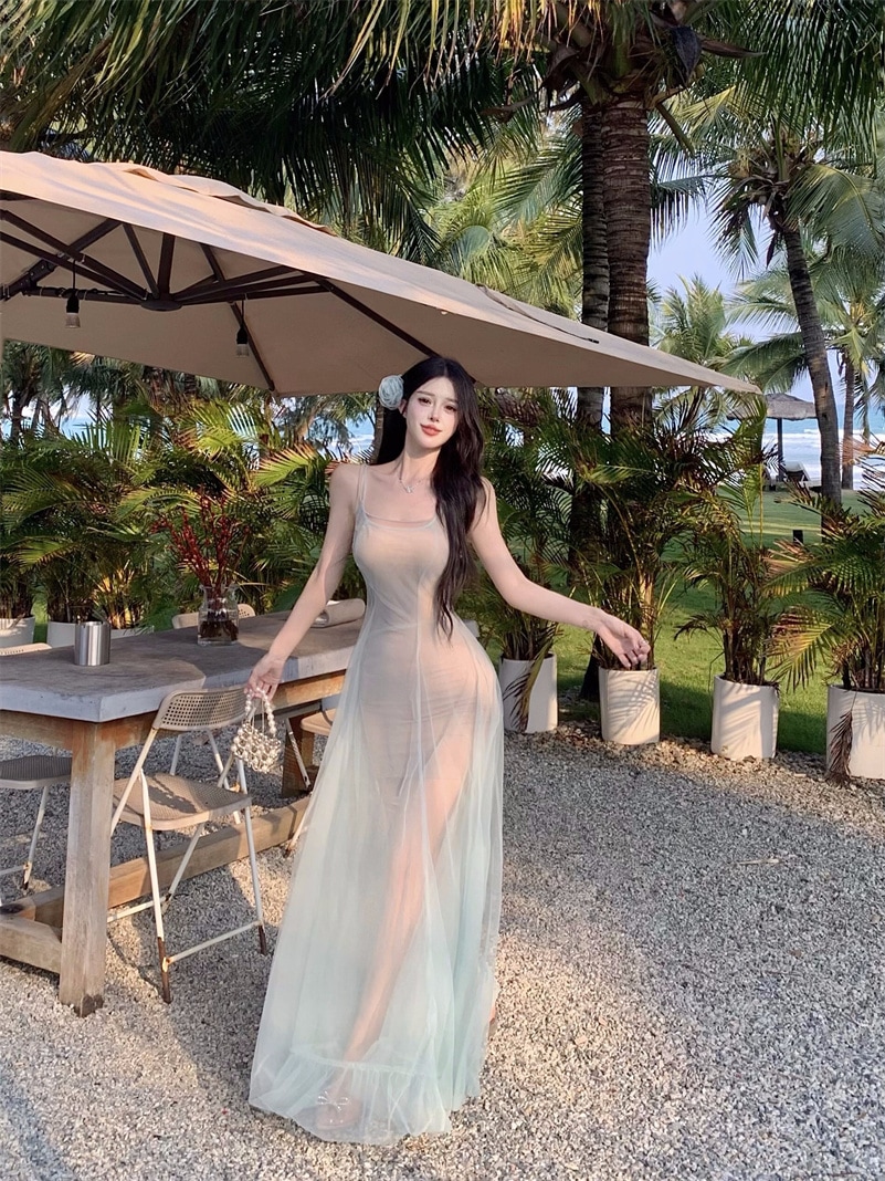 サスペンダーインナードレス+メッシュレースサスペンダーランタンロングスカート2点セットO35