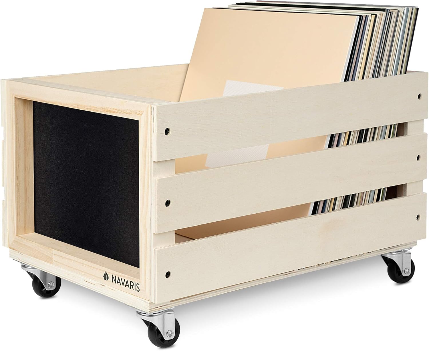 Navaris レコードボックス 収納ボックス 収納ケース レコードラック - レコード盤 ストレージボックス マガジンラック にも - 木製 キャスター付き