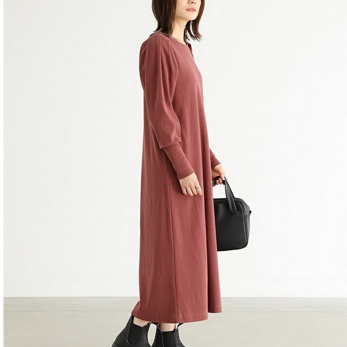 ワンピース ミモレ丈ワンピース 長袖 タックスリーブ マトンスリーブ ラウンドネック ミモレ丈 セミフレアスカート かわいい 大人可愛い きれいめ シンプル 上品 おしゃれ カジュアル こなれ感