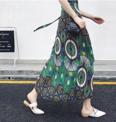 3070.ハイウエストロングシフォンビーチスカート（グリーン 総柄）