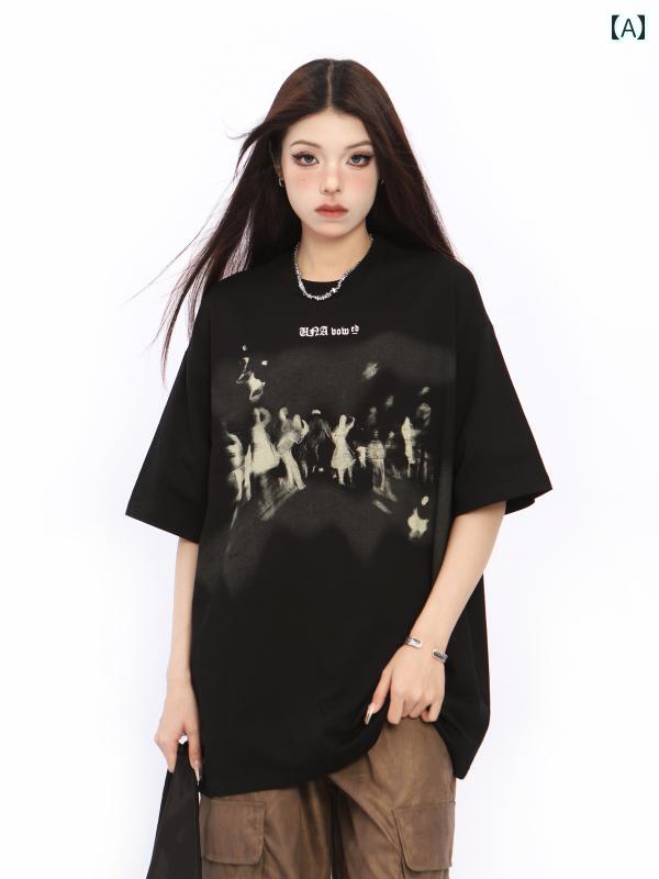 半袖ビッグTシャツ グラフィティ トップス レディース 夏 白 ルーズ ワイドシルエット 快適 リラックス ラウンドネック かわいい 韓国 ファッション 日常使い 万能アイテム