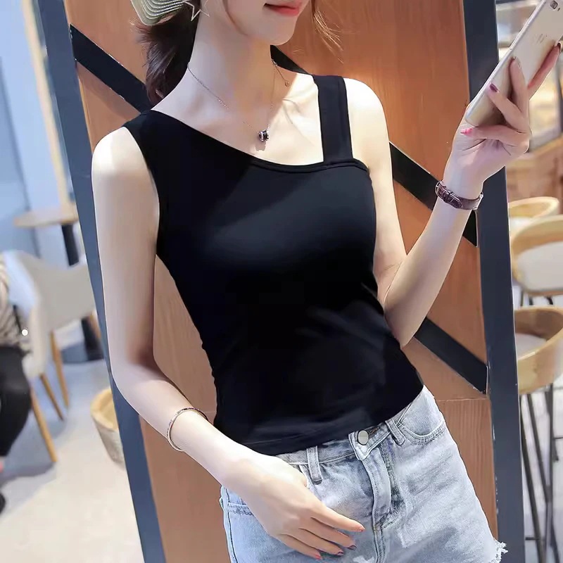 トップス レディース タンクトップ きれいめ 個性的 春服 夏服 3色 アシンメトリー ノースリーブ インスタ映え モテ 流行 トレンド 涼しい 涼感 普段使い デイリー 無地 色展開 ブラック グレ