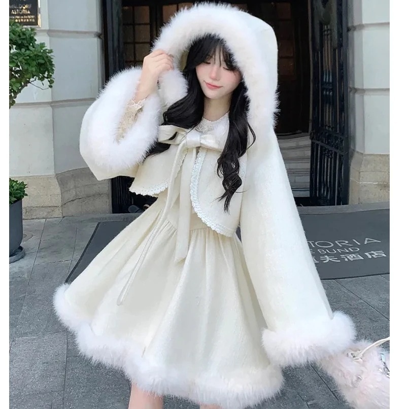 2点セット フード付きマント+キャミソールスカートツイードスーツ クリスマス ロリータ