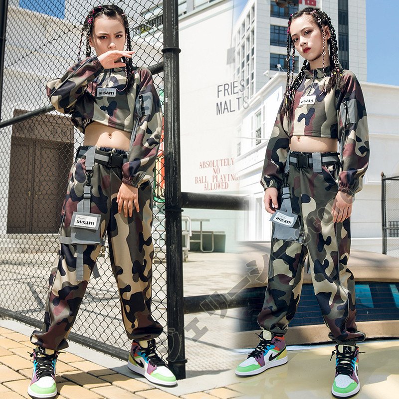 キッズダンス衣装 セットアップ ガールズ 派手 迷彩 カモフラージュ へそ出し トップス パンツ ヒ