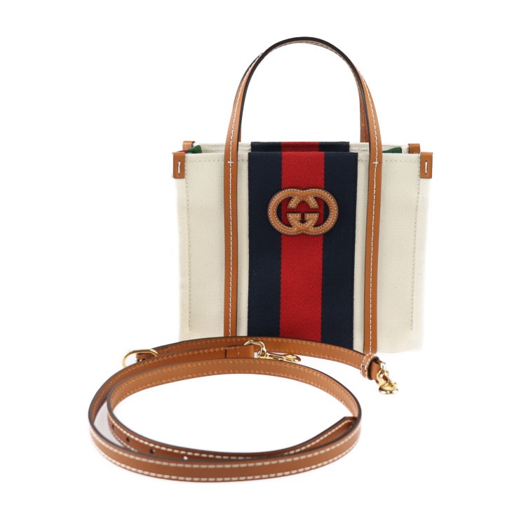新古未使用展示品 GUCCI グッチ ハンドバッグ 727735 キャンバス レザー ベージュ レッド ネイビー グリーン ブラウン ゴールド金具 2WAY ショルダーバッグ【本物保証】