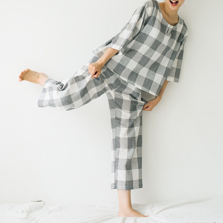 ルームウェア パジャマ 上下セット 部屋着 寝巻き ナイトウェア 七分袖 プルオーバー スリットネック ウエストゴム チェック柄 かわいい 大人可愛い きれいめ シンプル カジュアル 上品