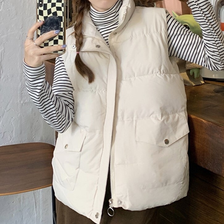 中綿ベスト アウター ベスト 上着 ミディアム丈 袖なし ノースリーブ 襟付き スタンドカラー