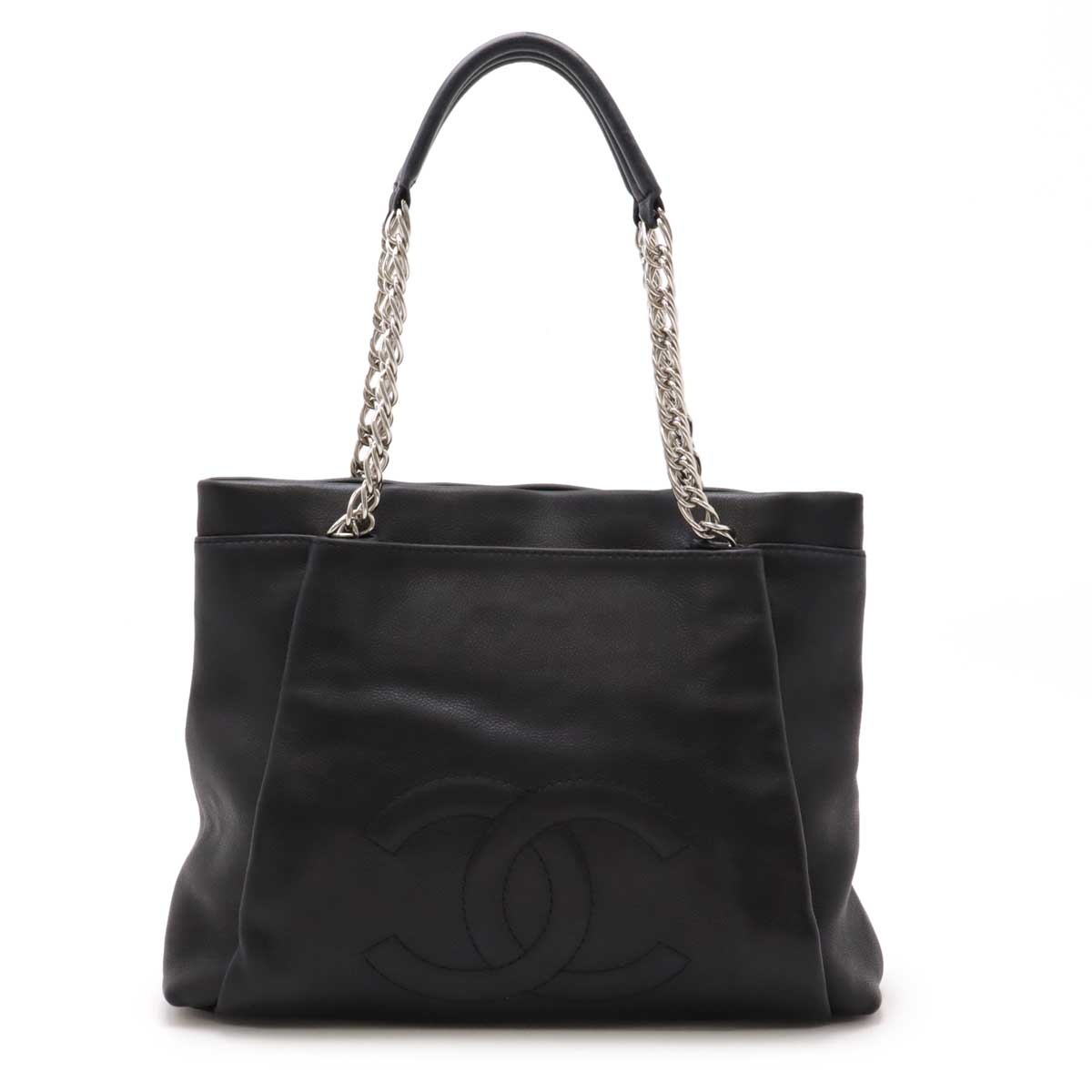 ココマーク トートバッグ チェーンショルダー ショルダーバッグ キャビアスキン レザー ブラック 黒 シルバー金 109,000円