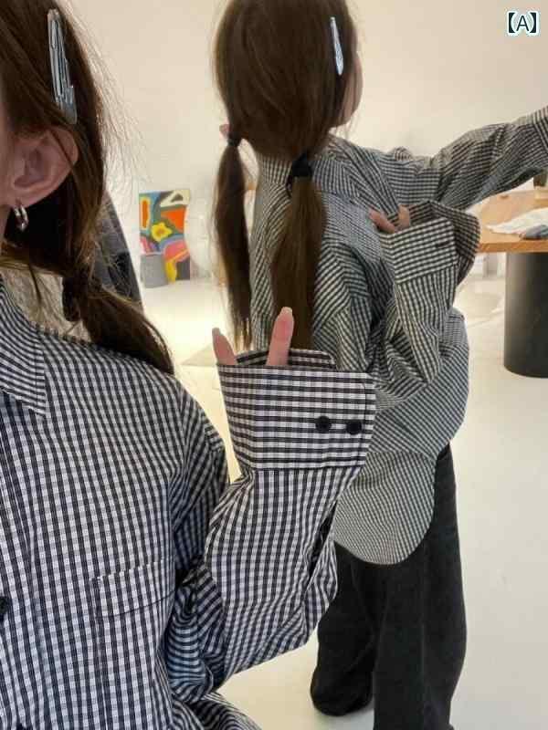 チェック柄 シャツ レディース 韓国 通勤用 チェック 柄の 黒と 白の ストライプシャツ. 初秋. 細身で シルエット. 多 用途で スリム 高級 トップス