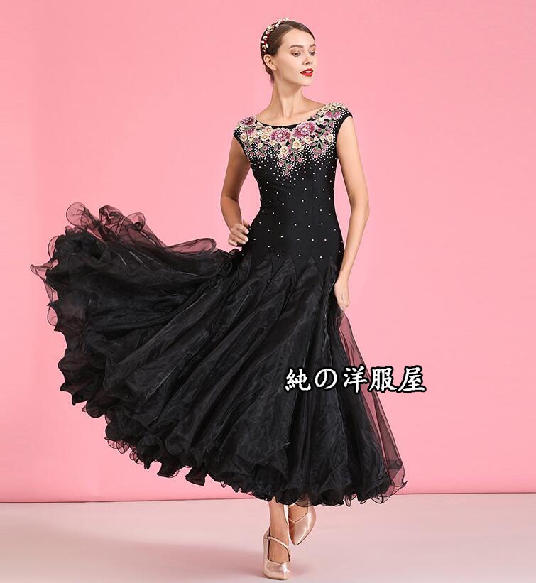 モダンドレス レディース 大人 インターナショナル スタンダードダンス ドレス ロング丈 マキシ丈 モダン ラテン フラメンコ ドレス フリル 袖なし バラ 刺しゅう 社交ダンス 練習着 レッスン着