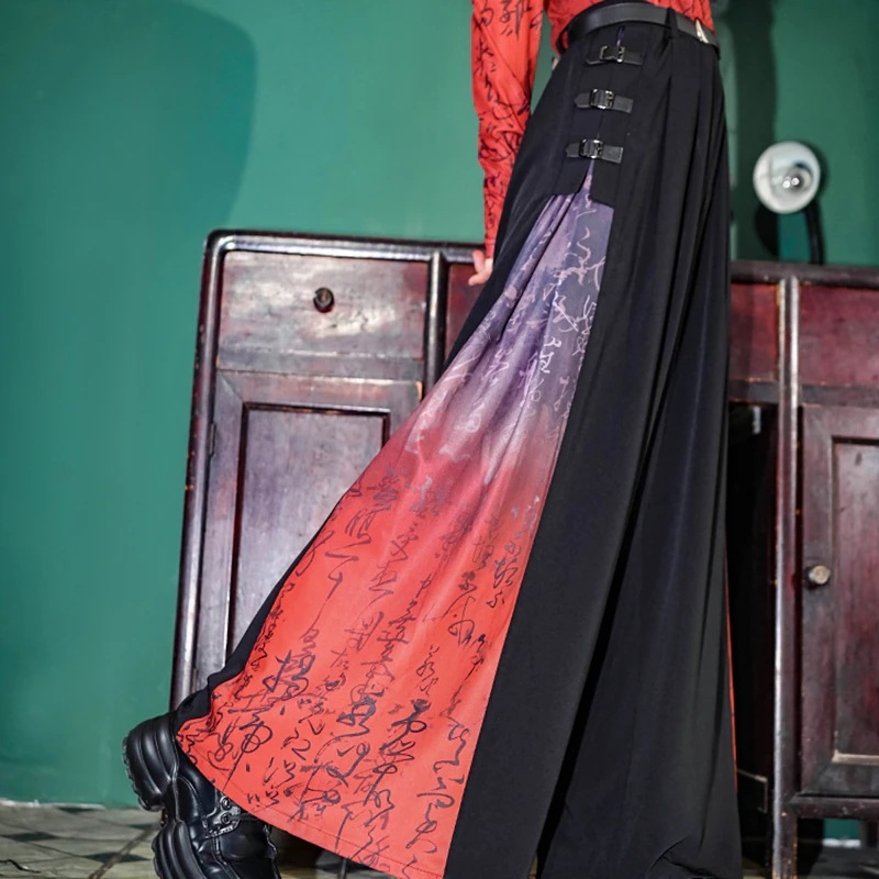 【快速出荷】チャイナ風 ワイドパンツ レディース 切り替え バックル ガウチョパンツ 柄パンツ ボトムス ハイウエストズボン 漢字プリント 黒赤 ロンパン パンク系