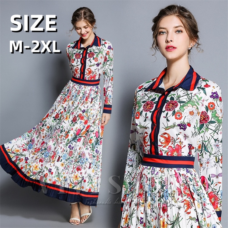 ワンピース 春 レディース 長袖 花柄 シャツワンピース ワンピース パーティー ロング丈 プリーツ マキシワンピース 大きいサイズ 30代 40代