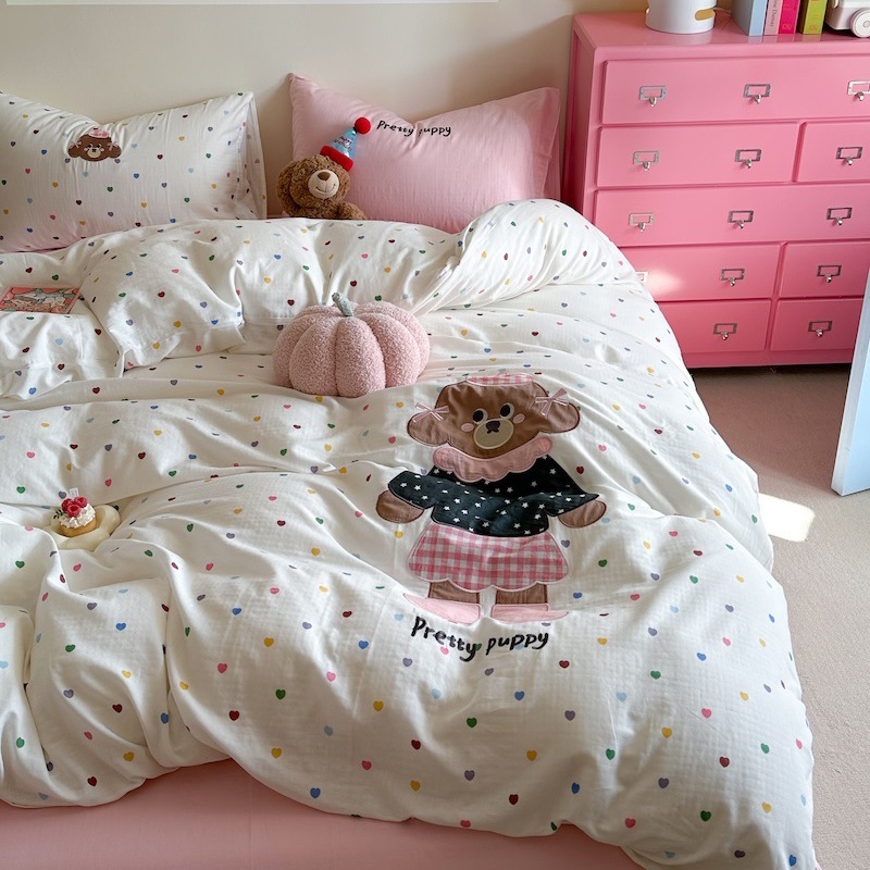 熊の熊漫画通気性ダブルガーゼすべての綿4ピースセットスーパーソフトピュアコットンキルトカバーベッド