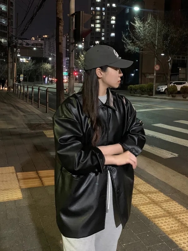 オーバーフィット ヴィーガン レザー サファリ ボーイフィット レザー ジャケット(3col) 7,014円