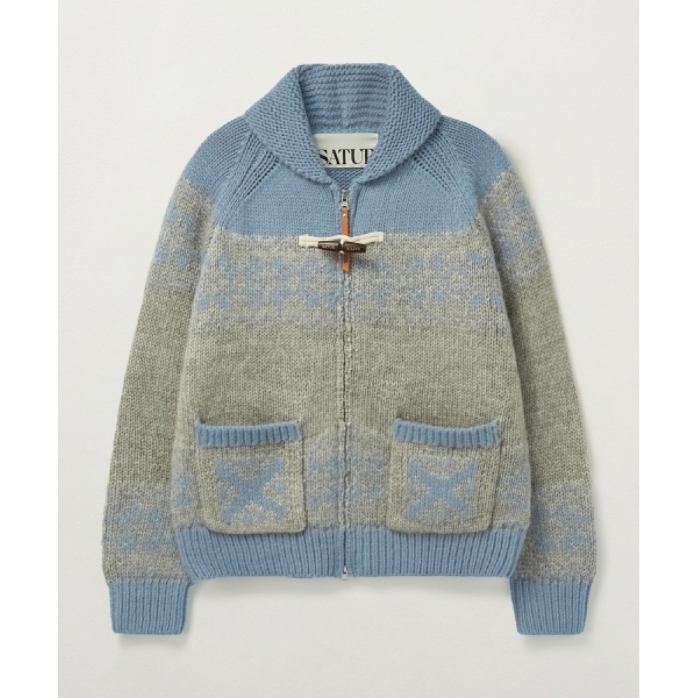 SATUR (W) カウチンニットジップアップカーディガンスカイブルー