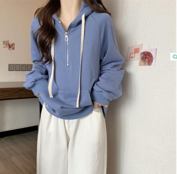 实拍后包领CVC棉280克大鱼鳞春秋薄款半拉链连帽卫衣女