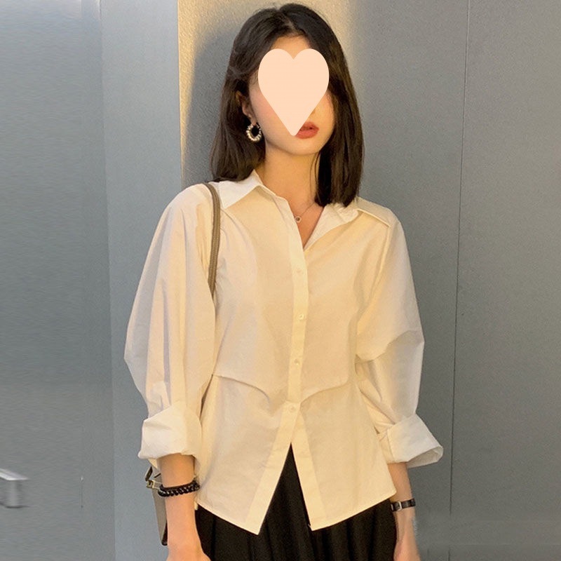 【1つ買うと10つ無料】2025秋の服女性用のウエストの密集したプリーツシャツ夏の白いルーズ