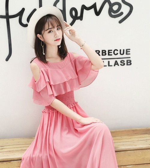 A1085.肩見せシースルーフレアワンピース（ピンク）2019 春夏 sale 春夏 sale ドレス フリル エレガント お呼ばれ 結婚式 披露宴 パーティー 女子会 レストラン デート