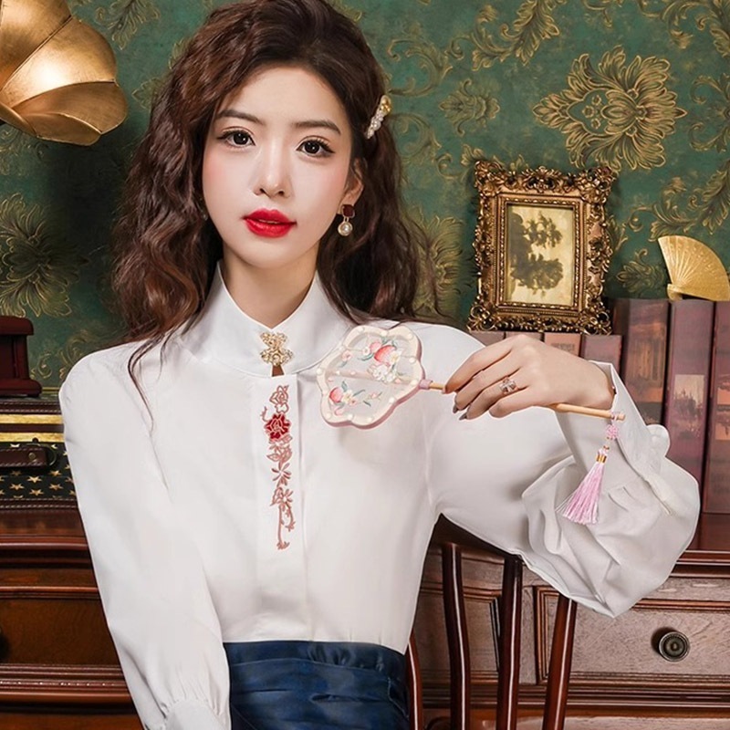 【1つ買うと10つ無料】2025春と秋の女性のための新しい風の刺繍された馬に顔を合わせたスカートシャツハンフシャツの感触