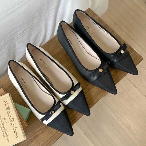 バレエシューズ パンプス キャップトゥ ポインテッドトゥ リボン りぼん フラット レディース ぺたんこ 黒 ブラック アイボリー 歩きやすい 靴 婦人靴 韓国
