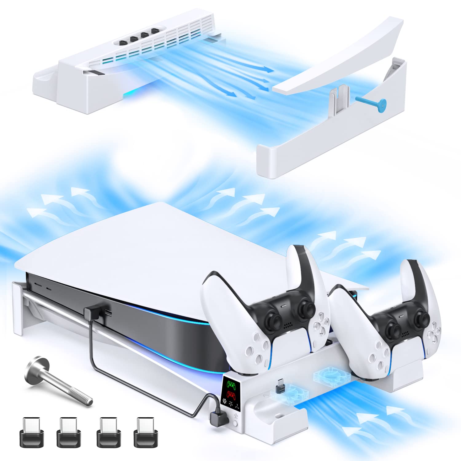 PS5 横置き ゲーム機スタンド 3段階ファン速度調整 OIVO PS5 コントローラー 充電スタンド 冷却ファン プレステ5 転倒防止 地震対策 傷付き防止 放熱改善 LEDインジケーター 固定ネジ