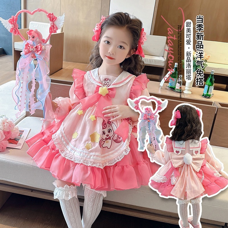 女の子用ロリータプリンセスドレスおしゃれな春秋バージョン誕生日ドレスキュートなハート柄