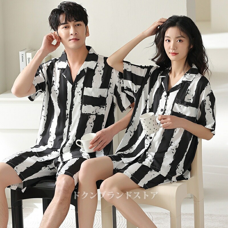 シルク風 調 サテン パジャマ 上下セット ルームウェア レディース メンズ ペアルック カップル 夏用 春夏 半袖 ショート袖 半ズボン ショートパンツ 短パン 冷感生地 涼しい 前開き Vネック