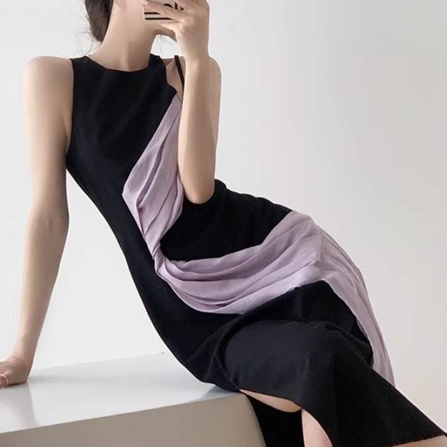 超人気,高評価!!レディース スカート ワンピース ドレス ロングスカート 袖なし ノースリーブ ラウンドネック タイト スリム 細身 アシンメトリー スマート スリット サイドスリット ハイウエスト