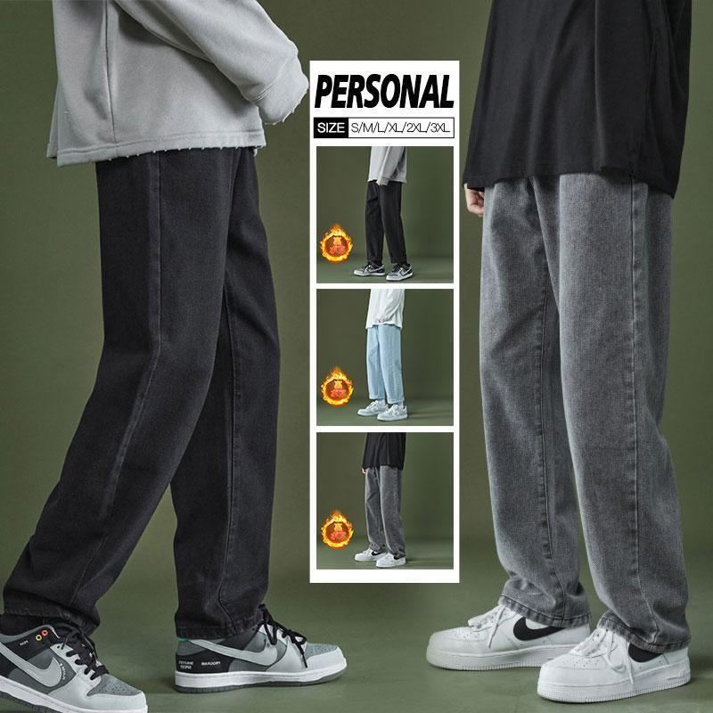 【即納】デニムパンツ ワイドパンツ メンズ デニム 裏ボア 裏起毛 ジーパン ジーンズ ストレート ブリーチ ゆったり プレゼント ロングパンツ 長ズボン Ｂ系