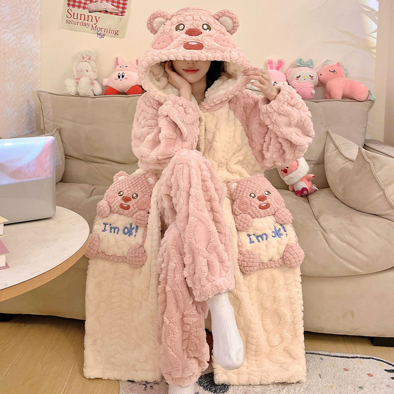 新入荷 パジャマ ルームウェアins風冬の新作ギャザー厚手外着部屋着セットレディース 韓国 ルームウェア モコモコパジャマ02
