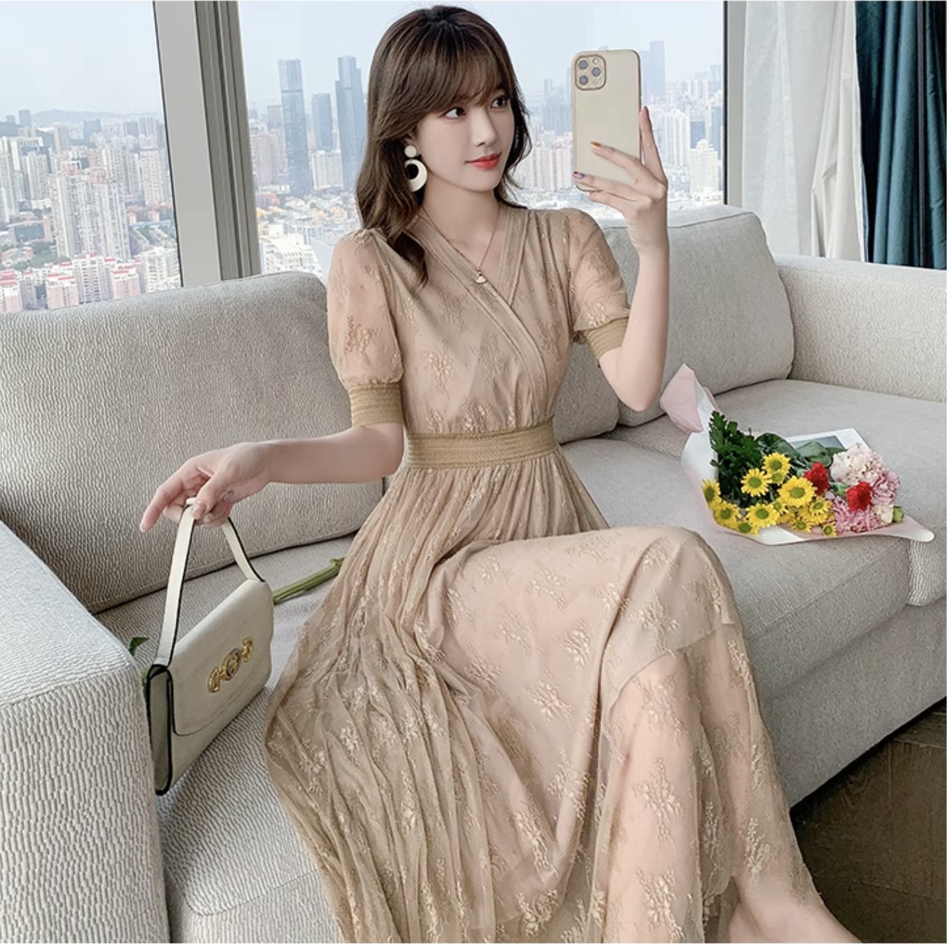 パーティードレス カラードレス イブニングドレス 半袖 レディース ロング Vネック フレア Aライン フェミニン レース袖 レース チュール ウエストマーク ハイウエスト 透け感 シースルー