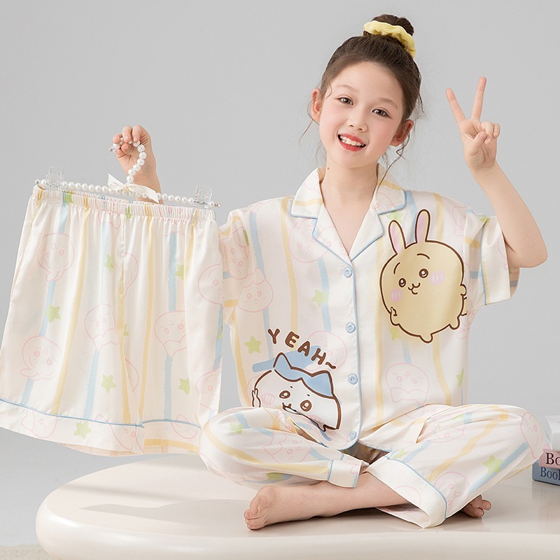 【1点ご購入 で10点プレゼントいたします】子供用パジャマ女の子ペアショートスーツ女の子アイスシルク薄手中大童エアコン部屋着綿
