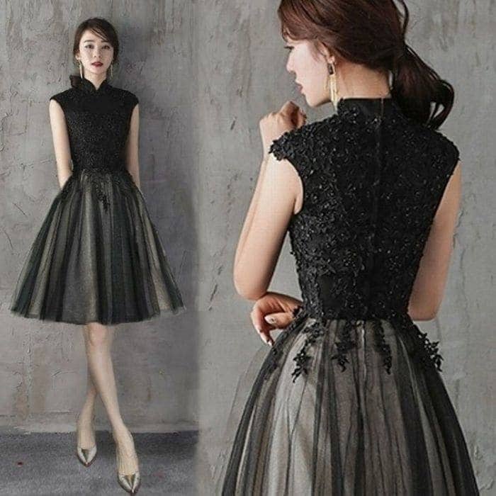 ビーズ刺繍ブラックレイヤードチュールスカート結婚式デート演奏会ツーピース風ハイネックノースリーブフレアスカートレースパーティーおしゃれスパンコールゴージャス大人可愛いスタイリッシュミディアムワンピース