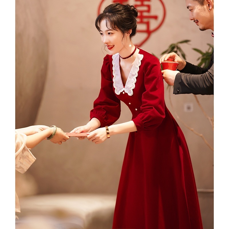 敬酒服は普段花嫁の新型冬長袖婚約回門冬ドレス赤いワンピースを着ることができる