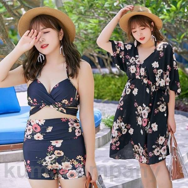 ホルターネック 水着 ビキニ レディース タンキニ 体型カバー 大きいサイズ 3L 4L 5L 6L 3点セット ママ セパレート カバーアップ フレア ワンピース 花柄 黒 韓国 クロスビキニ パン