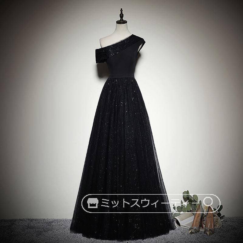 カラードレス 黒 ロングドレス ワンショルダー 声楽 演奏会 舞台 Aラインドレス 衣装 大人 コン