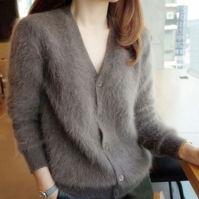 ニット カーディガン ショート アンゴラ風 レディース 大きいサイズ グレー ふわふわ ドロップショルダー 無地 着まわし 春 秋 冬 韓国 5,863円