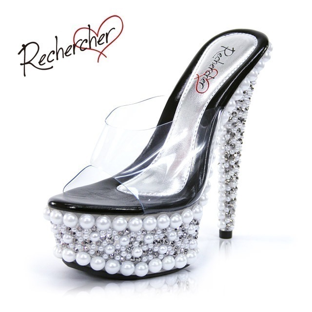 キャバ ヒール パンプス サンダル Rechercher ルシェルシェ ラインパール ブラック 黒 14.5cmヒール キャバヒール キャバ嬢 キャバクラ サンダル 14.5cm 高め キラキラ 可愛
