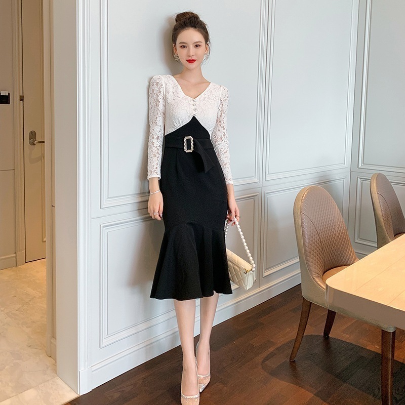 【Fellow 20％割】【JY.上品】 秋 vネック レースドッキング マーメイド ワンピース パーティードレス 着痩せ 大人 お呼ばれ 同窓会 披露宴 卒業式 結婚式 ウェディング 二次会 成人式