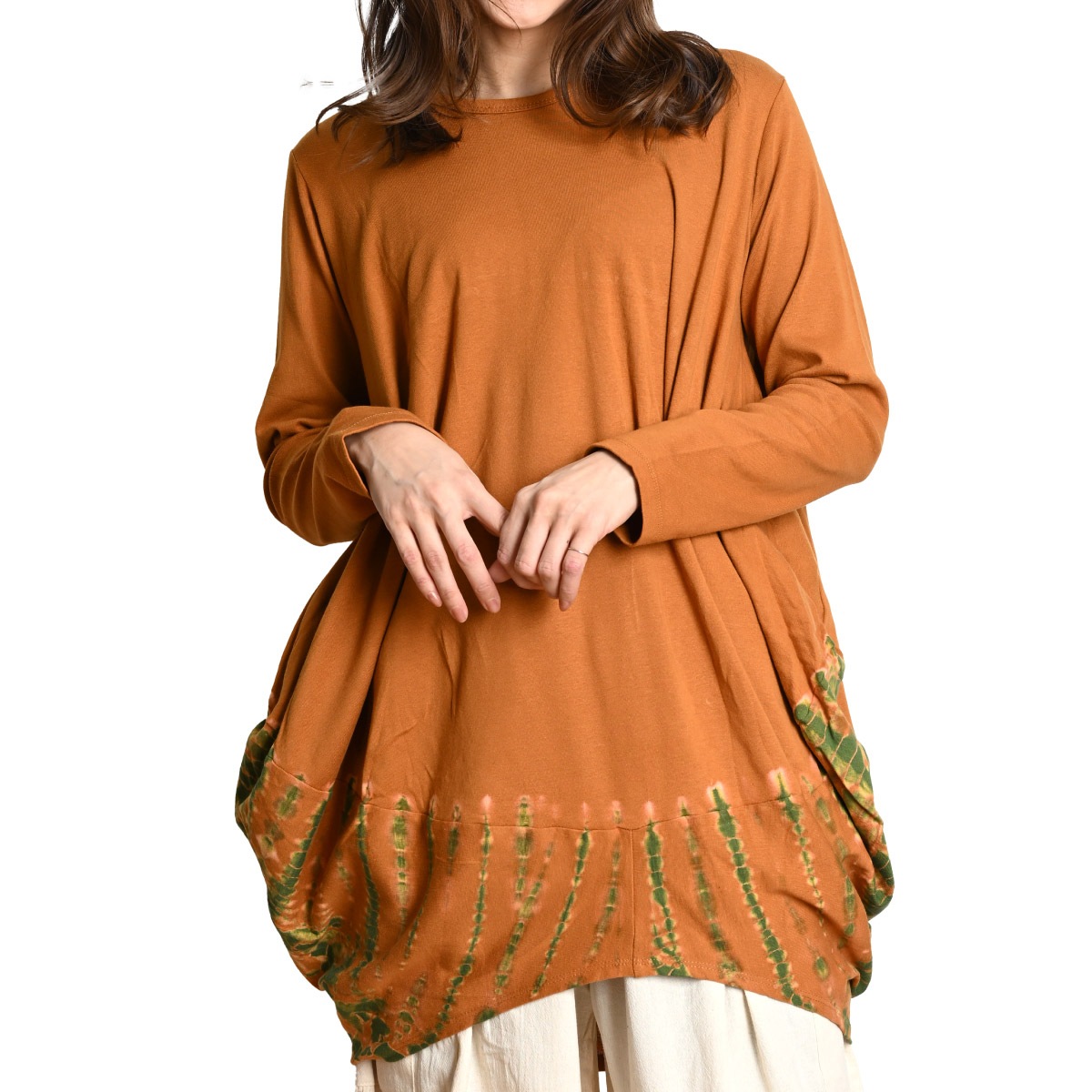 タイダイチュニック チュニック レディース アートな日常着タイダイコクーンチュニックカットソー カットソー プルオーバー コクーンシルエット ゆったり 体型カバー 長袖 ロングトップス Aライン フ