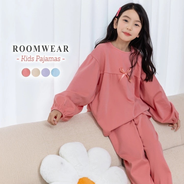 キッズ パジャマ 長袖 女の子 セットアップ セパレート 2点セット トップス パンツ ルームウェア 子供服 プルオーバー リボン クルーネック ウエスト 袖 裾 ゴム 薄手 ゆったり 110 120