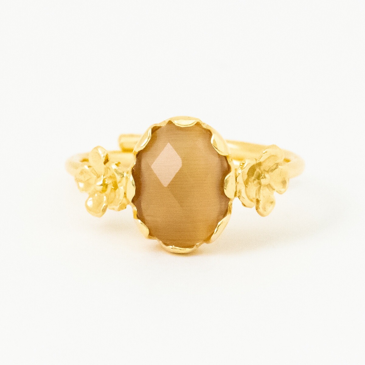 MESH フラワーストーンリング ベージュ フリーサイズ シルバー925 18Kゴールドコート Gold Ring 指輪 調節可能 ギフトBOX入り ジュエリークロス付き ハン