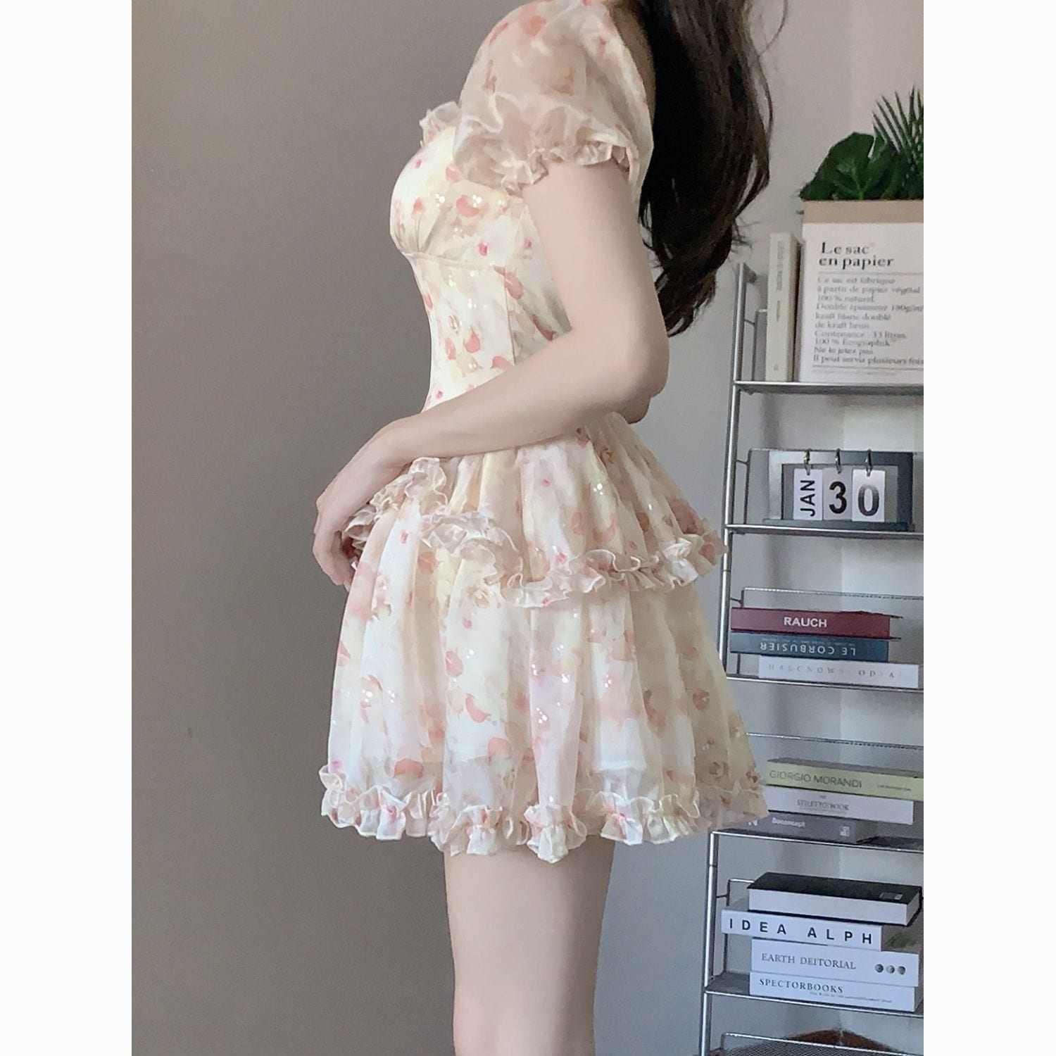 甘い花柄プリンセスドレスパフスリーブウエストスリムドレス誕生日パーティー逃亡者プリンセスチュチュスカート