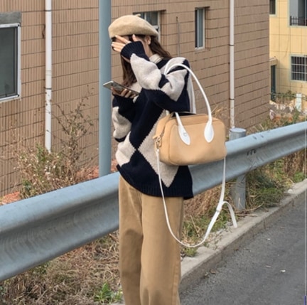 ダイヤモンドパターンセータートップス ミディアム丈 袖あり 長袖 ラウンドネック ワイド ニット