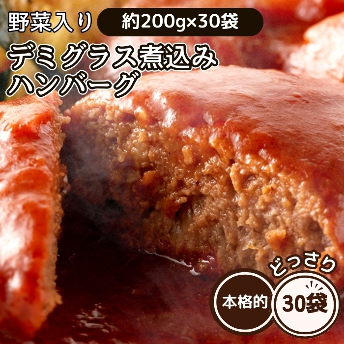 野菜入り デミグラス 煮込みハンバーグ 約200g×30袋 にんじん・じゃがいも・玉ねぎ入り ハンバーグ デミグラスハンバーグ お肉 ソース 湯煎 個包装 レトルト おかず 惣菜 ランチ 昼食 夜食