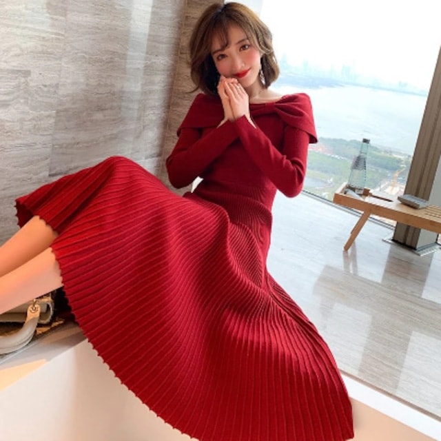 レディース リボンショルダー ニット ワンピース プリーツ フォーマル お呼ばれ 大人可愛い